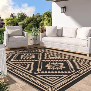 Outdoor Rug for Patio Clearance - 9x12 ft  Plastic Camping Rugs, Reversible Outside Rv Mat Carpet for Porch, Deck, Picnic, Balcony, Beach, Backyard, Black Brown