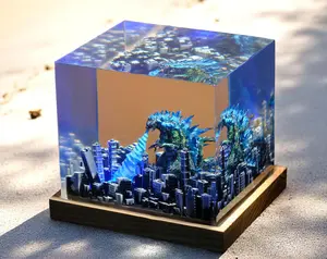 Handcrafted Epoxy Resin God.zilla King Monster Figurines Diorama City Destruction Scene Desktop Ornament Wooden Base Collectible Gift Decor