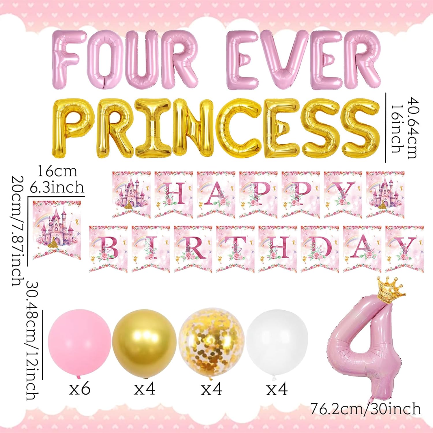 LaVenty Four Ever a Princess Birthday Decorations Pink Gold Princess Castles Balloon Garland Crown Number 4 Foil Balloons Banner for 4 Years Old Birthday Party Decor Supplies