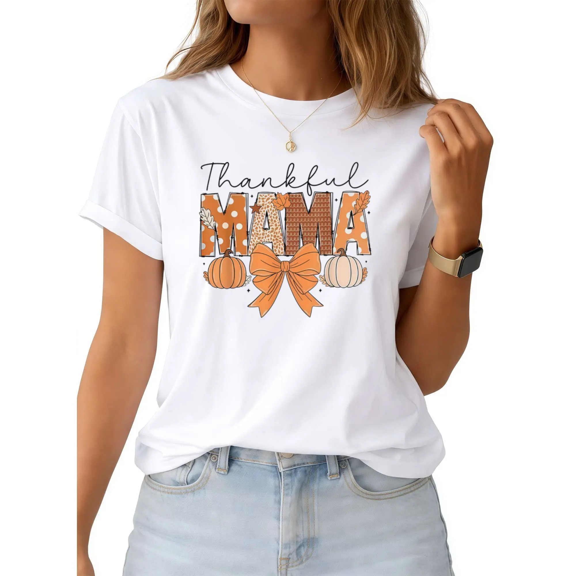 Cotton Thanksgiving Graphic Women T Shirt Thankful Mama Coquette Fall Pumpkin Spice Thanksgiving Women T-Shirt walk  by  faith  tee Flower Print Casual T-Shirt