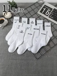 11 Pairs Letter Mid-Calf Socks, Unisex Couple Socks, Comfortable Soft College Style, Fashion Trendy Socks, Sweat-Wicking Breathable