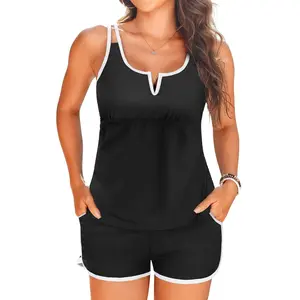 Aqua Eve Tankini with Shorts - Two Piece Tummy Control Swimsuit V-Wire Tank Top with Boyhorts Bathing Suit with Side Pockets