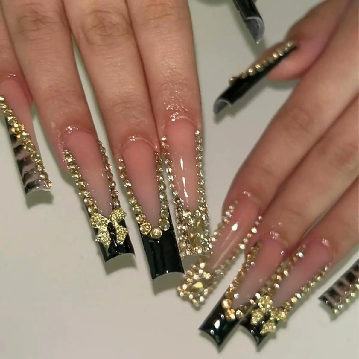 Black French Press on Nails Long Square Fake with Gold Rhinestone Designs Luxury Bow Charms Coffin False Glossy Leopard Print Tip Acrylic for Women Girls 24 Pcs (Black-1, style-1)