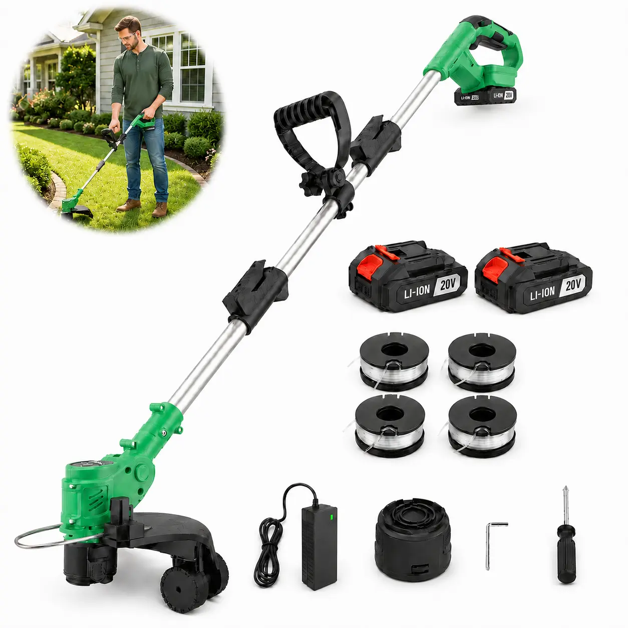 20V Cordless String Trimmer & Edger, Battery Powered Weed Eater with Rechargeable Batteries, Adjustable Handle, Support Wheels and Multiple Cutting Attachments for Lawn, Yard and Garden Care