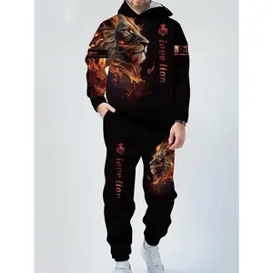 Men's lion print hooded sweatshirt and sweatpants set -100% polyester fiber casual sportswear, hooded long sleeved top and pocket, regular cut knitted fabric, comfortable, animal pattern