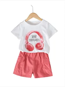 Little Girl Casual Summer Set, Short Sleeve Graphic Tee & Cargo Shorts with Side Pockets, Comfort Fit, Trendy Cute Style