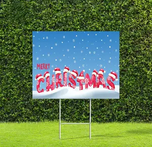 Merry Christmas Santa Hat Yard Lawn Sign Plastic & Metal Stake Outdoor Christmas Decor