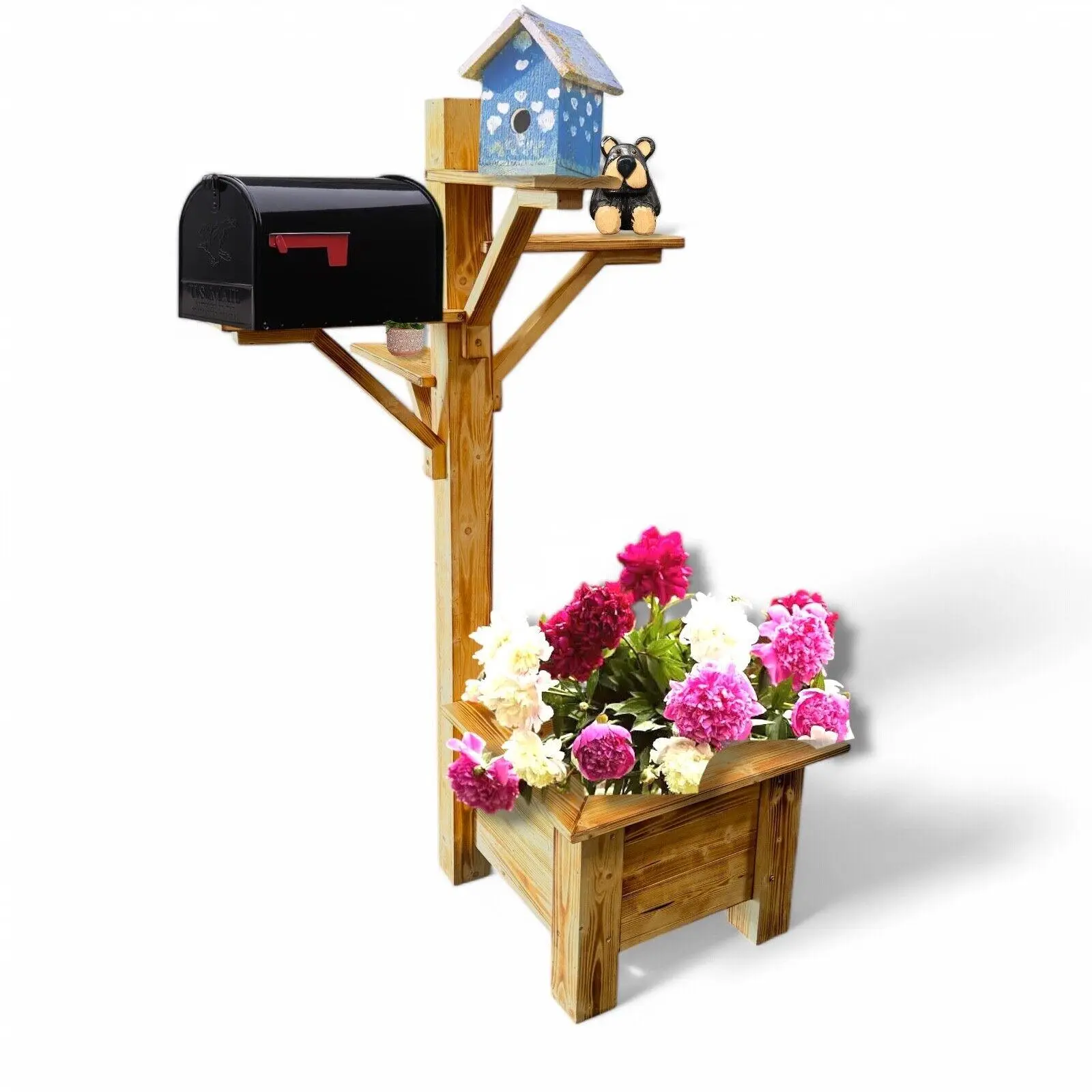 Rustic Wooden Planter Box with Mailbox & Birdhouse Display Stand – Handmade Outdoor Garden Flower Pot Stand (Decor Not Included)