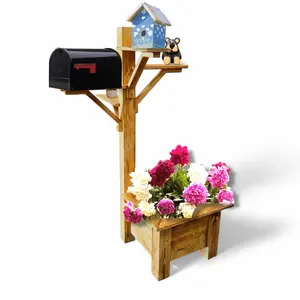 Rustic Wooden Planter Box with Mailbox & Birdhouse Display Stand – Handmade Outdoor Garden Flower Pot Stand (Decor Not Included)