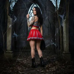 Satan’s Cheerleader Costume Set with 666 Top, Pleated Skirt & Pom Poms