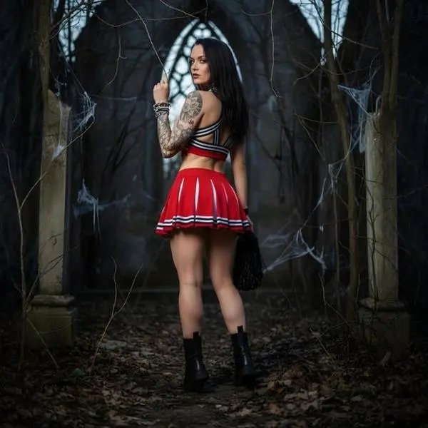 Satan’s Cheerleader Costume Set with 666 Top, Pleated Skirt & Pom Poms