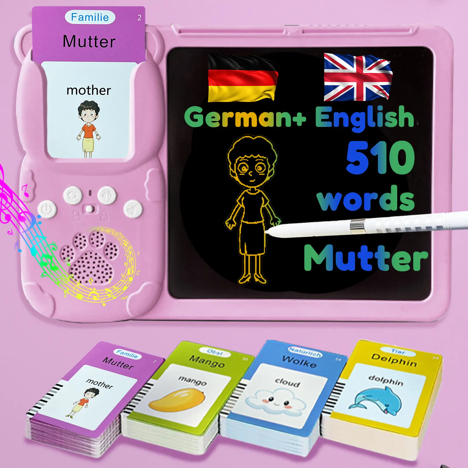 Bilingual English German Talking Flash Cards with Writing Tablet - 8" LCD Tablet for Writing, Messing-Free Drawing Pad, 510 Daily Words, Speaking Sensory Toys for Autistic Children, Educational Toys Gifts for Boys Girls 3-12, Language Learning Tool, Pink