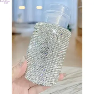 Bling Rhinestone Pump Dispenser Bottle for Nail Art, Full Rhinestone Refillable Empty Container for Makeup Remover, Toner, Liquid Cosmetics & Alcohol, Portable Leak-Proof Design Luxury Beauty Tool for Travel Salon Daily Use