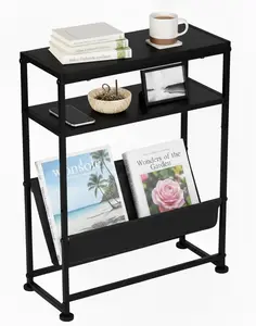 Slim Black Narrow End Table - Side Table with Magazine Holder for Small Spaces