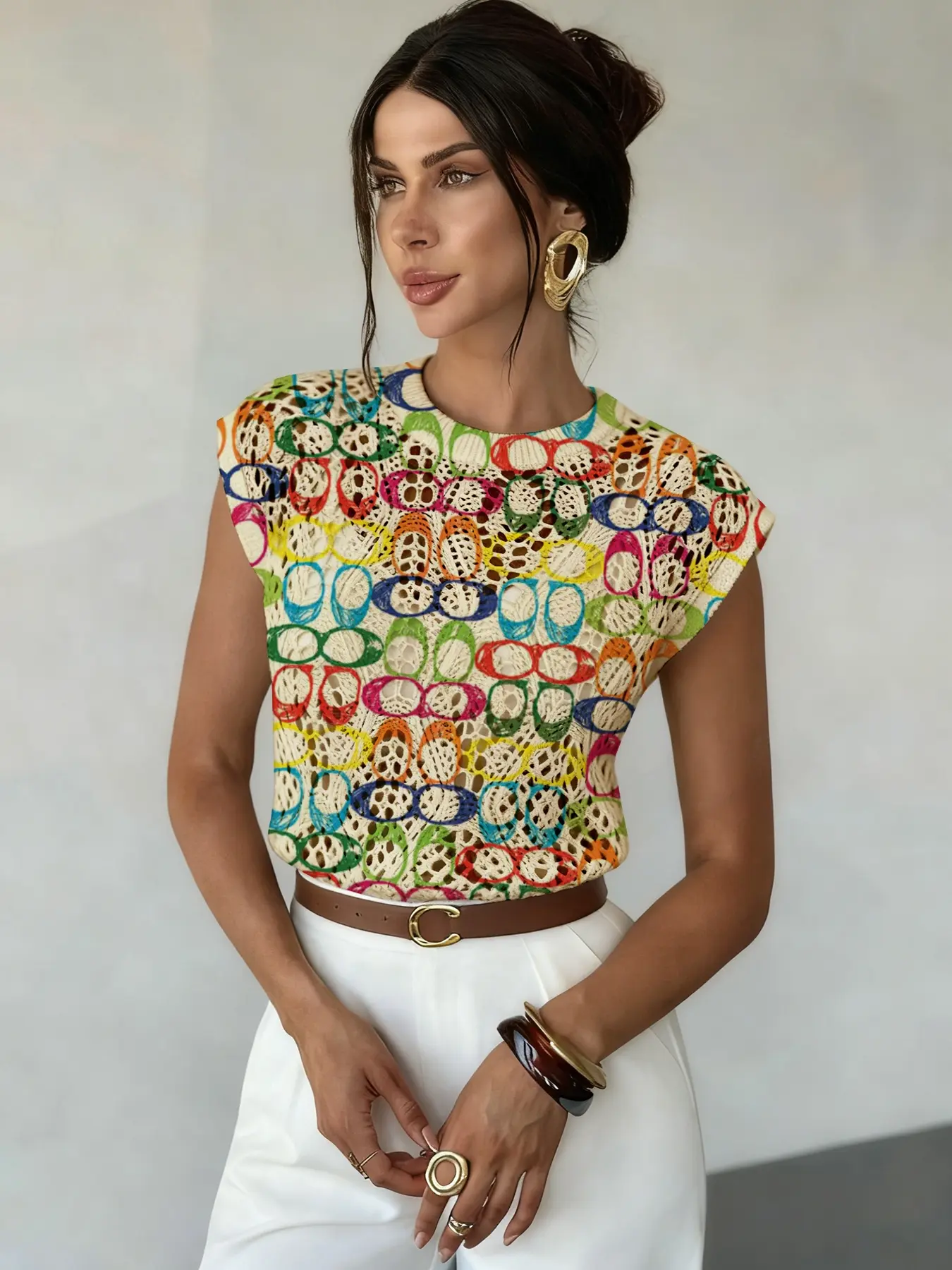 Geometric Pattern Colorblock Print Round-Neck Sleeveless Sweater, Casual Knitwear for Spring & Summer, Women's Clothing