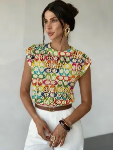 Geometric Pattern Colorblock Print Round Neck Sweater, Casual Sleeveless Knitwear for Spring Summer Fall, Comfortable Warm Women's Clothing, Colorblock Knit Top