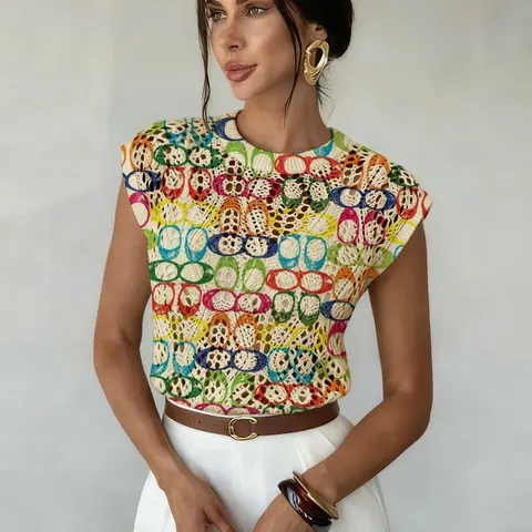 Geometric Pattern Colorblock Print Round Neck Sweater, Aesthetic Casual Sleeveless Elegant Knit Knitwear Tops for Spring Summer Fall, Comfortable Warm Women's Clothing