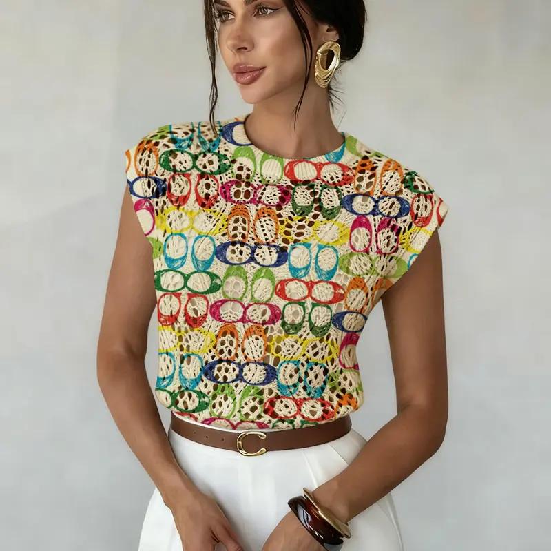 Geometric Pattern Colorblock Print Round Neck Sweater, Aesthetic Casual Sleeveless Elegant Knit Knitwear Tops for Spring Summer Fall, Comfortable Warm Women's Clothing