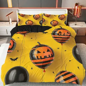 3PCS Duvet Cover Set, 1 Duvet+2 Pillowcases(Without filler), Pumpkin Bat Balloon Spider Halloween theme, Halloween bedding set, Decorative Fun Comfortable Suitable for decoration Bedroom Living Room Guest Room Hotel.