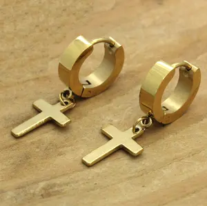 Plain Dangle Cross Huggie Hoop GOLD FILLED EARRINGS