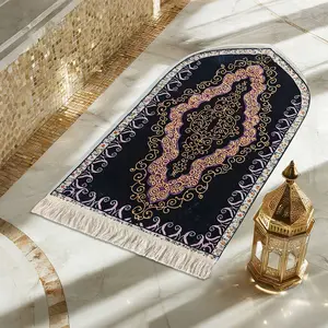 Vintage Islamic Style Gold Pattern Prayer Rug, Sheepskin Texture, Fringe Design, Non-Slip, Durable, Portable, Easy to Clean