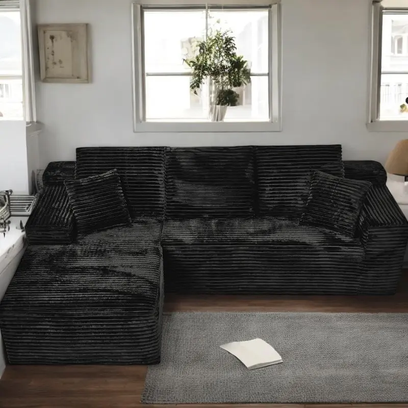 Black Plush Corduroy Left Chaise