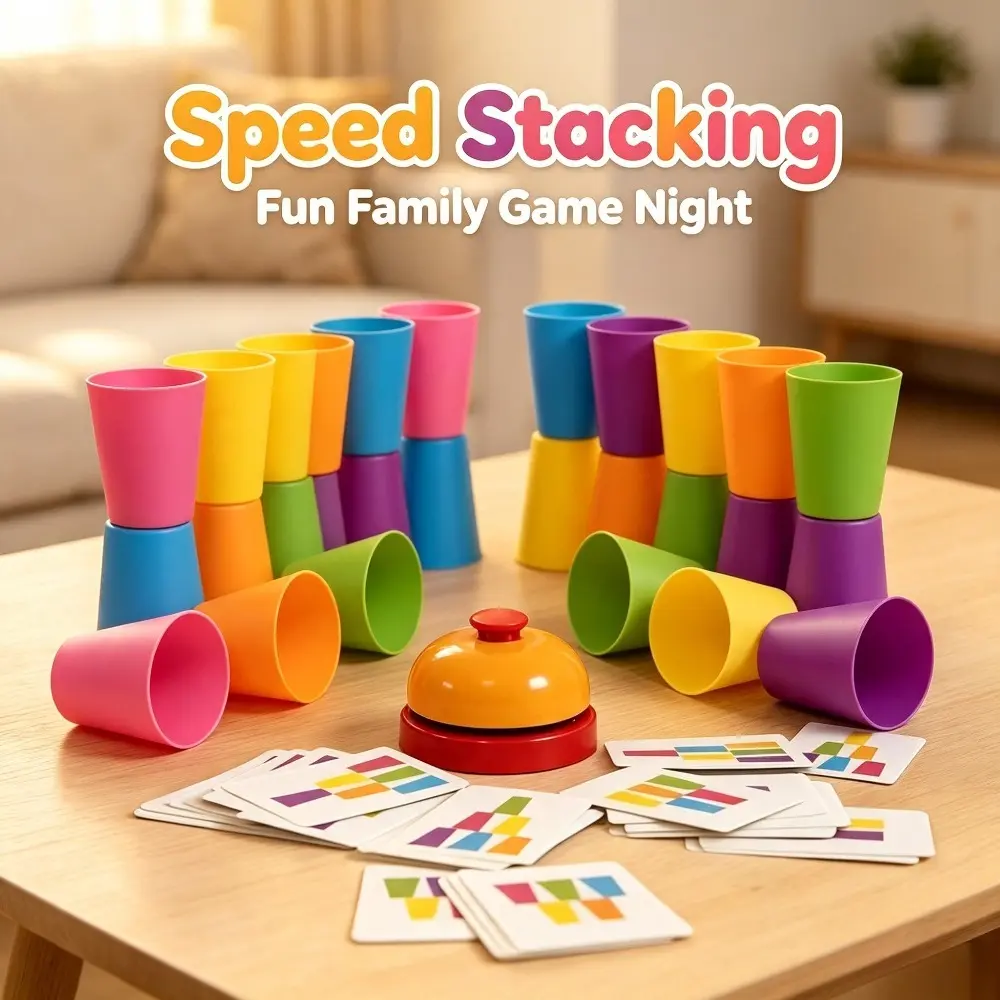 Speed Stacking Cups Game Set - Colorful Quick Stack Challenge with Bell, Pattern Cards, 1-2 Player Family Board Toy, Interactive Educational Matching Brain Training Tool for Kids, Portable Indoor Party Desktop Activity