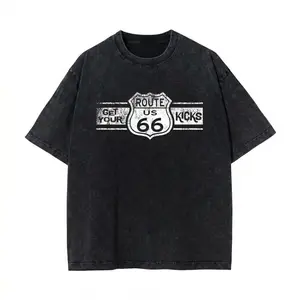 Historic Route 66 Shield Vintage Washed Tee, Retro Road Trip Casual T-Shirt Sweatshirt Round Neck