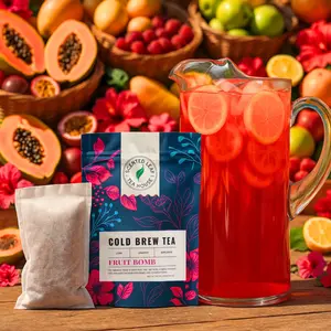 Fruit Bomb - Cold Brew Pack | Ingredients: Hibiscus flower, black tea, green tea, mate, guayusa, lemongrass, stevia leaves, rosehips, calendula, rose petals, lemon peel, lemon granules, natural flavor, organic cane sugar