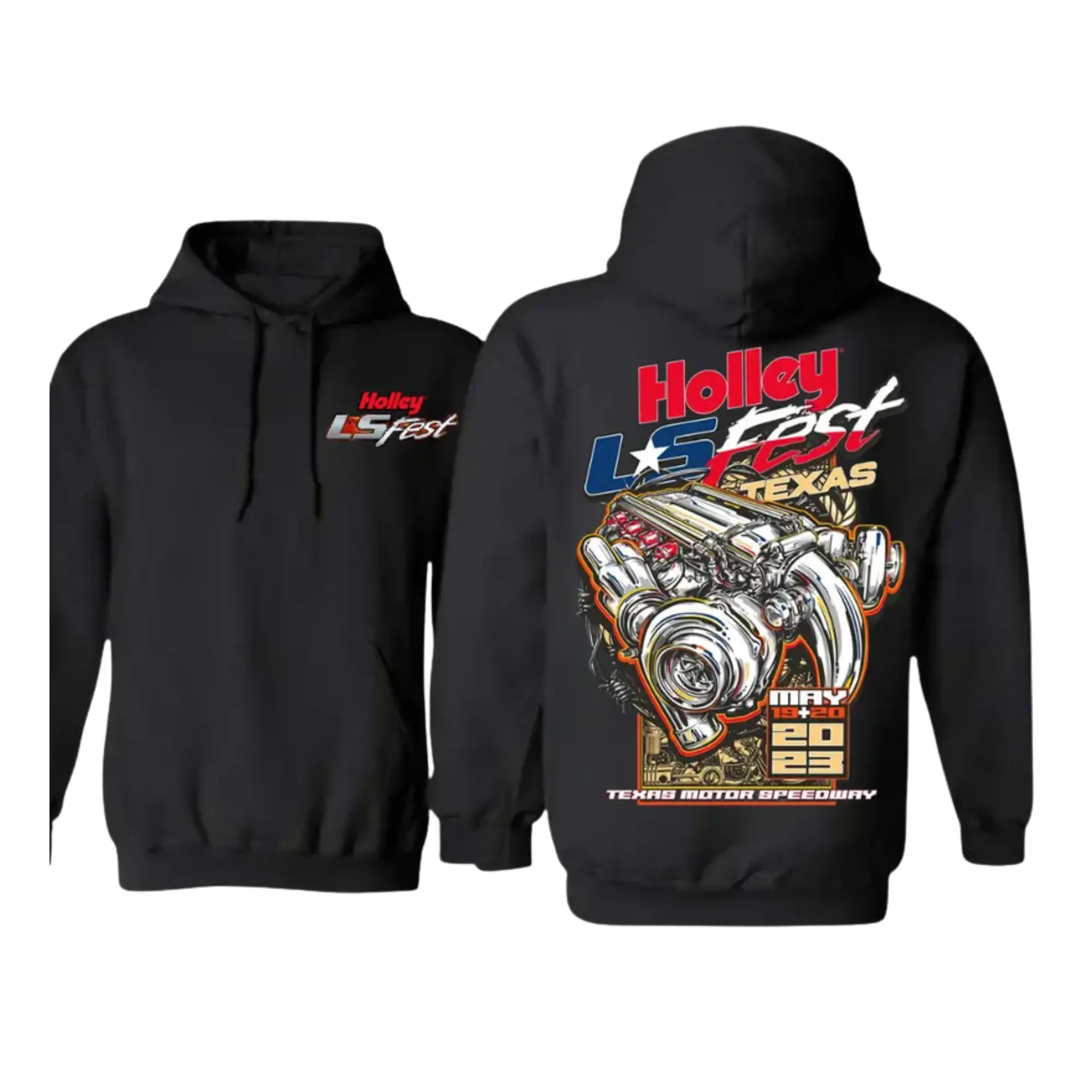 H0lley L$ Fest Texas 2023 Motor Speedway Hoodie, Commemorative Twin Turbo Engine Graphic Hoodie, Unisex Car Culture Apparel, Throwback Pullover for Drag Racing Fans