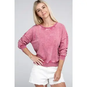 ZENANA French Terry Acid Wash Boat Neck Pullover