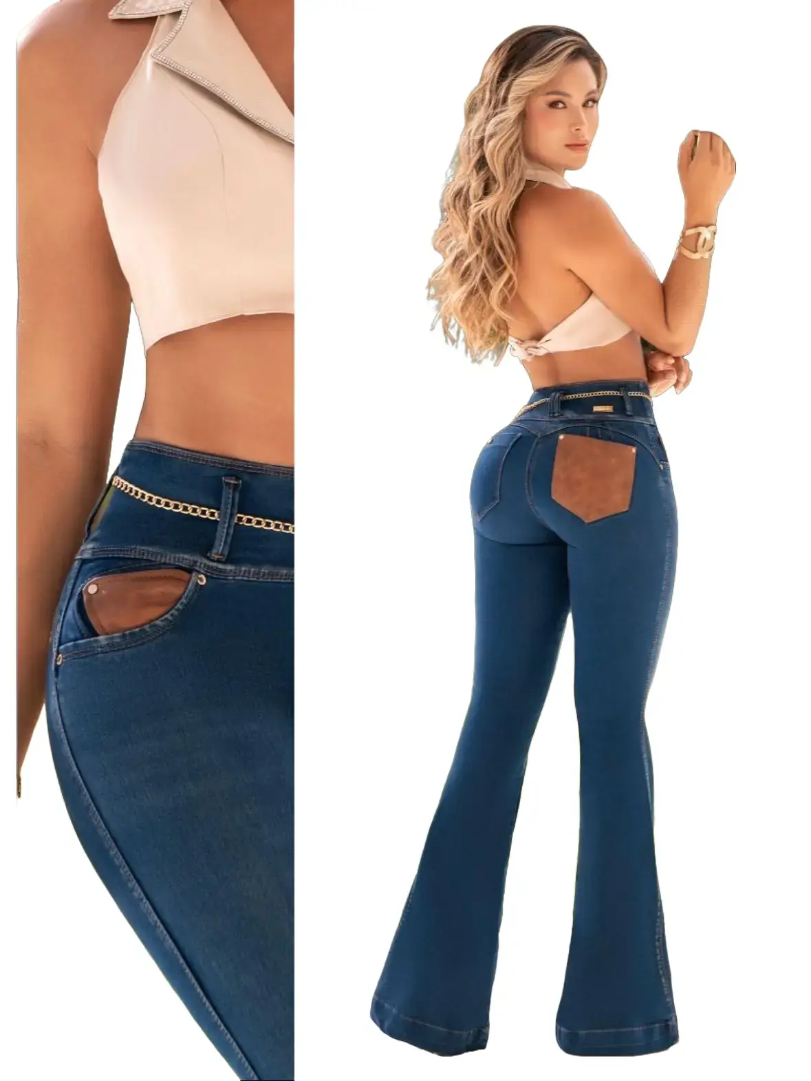 OFORI JEANS, REF: CHERNOVA, AZUL, STRETCH CON BOLSILLOS, TELA CONFORT  ALGODON PIEL DE DURAZNO, PRETINA TIRO ALTO, 3 BOTONES BOTA CAMPANA. Basic