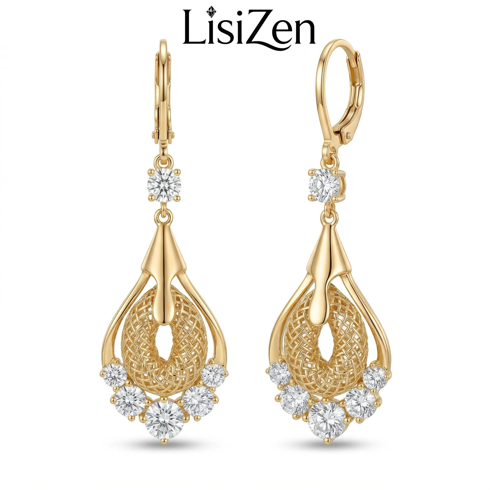 Gold Mesh Water Drop Earrings 14K Gold Plated Chic Statement Design, Elegant Fashion Jewelry Earrings for Women DZEH4181
