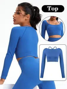 Women Seamless Long Sleeve Ribbed Crop Top, Square Neck Slim Fit, Light Sports Workout Gym Running Yoga Casual Cropped Top