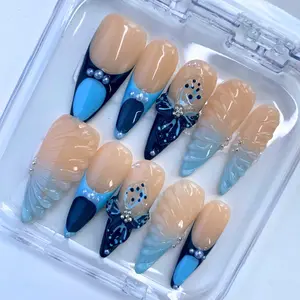 10PCS Handmade 3D Acrylic Stiletto Press-On Nails – Reusable Butterfly & Blue Design, Perfect for Prom & Parties! Pink Gradient Sparkling Nails Cute Halloween Glitter Press-On Nails acrylic  nails nail art removal tool