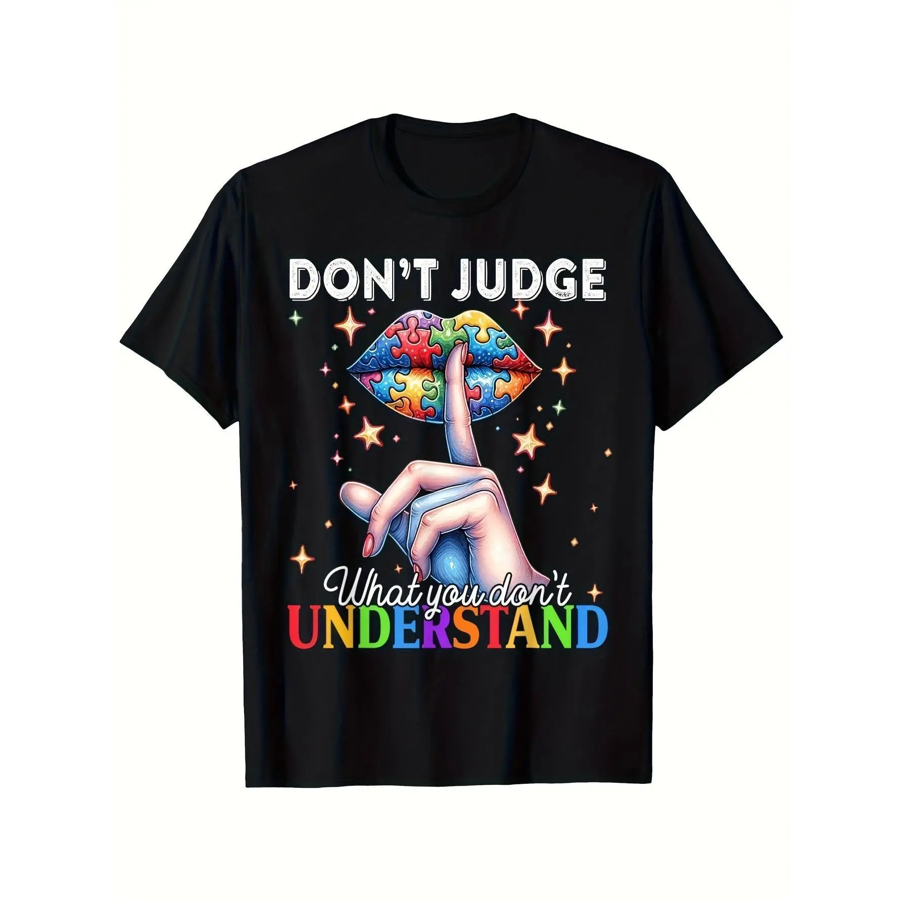 Men's Classic Breathable Cotton Vintage Short-Sleeve T-Shirt, Autism Awareness Graphic Top with Colorful Puzzle Lips Design, Casual Black Layer-Friendly Tee with "Don't Judge What You Don't Understand" Print, 2026 Summer Gift