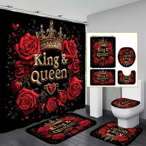 72×72in Elegant Flannel-Polyester Waterproof Lightweight Decorative Shower Curtain Set (4pcs) - Cozy Atmosphere Bathroom Design, Geometric Luxurious Crown & Roses Print, U-Shaped Toilet Lid Cover, 12 Hooks, Romantic Home Gift