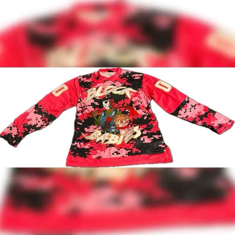Block Babies Pink Team Jersey - Long Sleeve Design with Graphic Print Featuring "BLOCK BABIES EST." and Character Illustrations