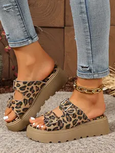Vintage Leopard Print Double Buckle Thick Sole Sandals for Women, Adjustable Strap Platform Flip Flops, Streetwear Casual Height Boosters