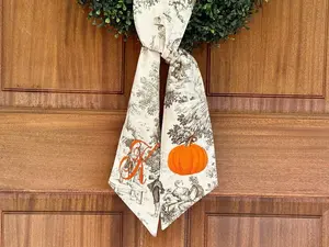 Custom taupe toile chinoiserie wreath sash for front door, personalized monogram orange pumpkin shower gift, autumn fall porch decor