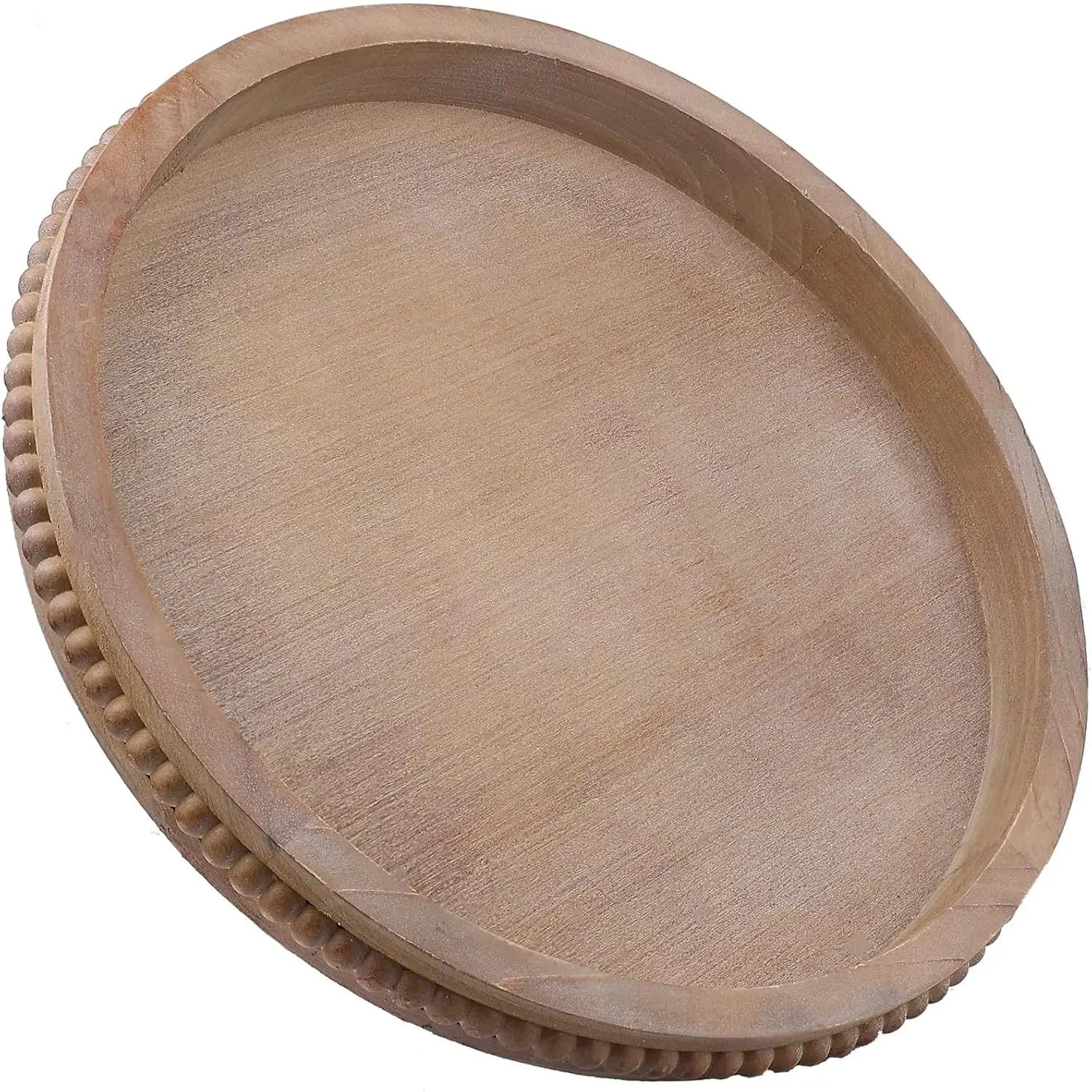 Wood Decorative Serving Tray with Bead, Round Vintage Wooden Ottoman Tray for Home Centerpiece, Counter Organizer, 13" Circle Tray for Kitchen, Living Room (Rustic Brown)