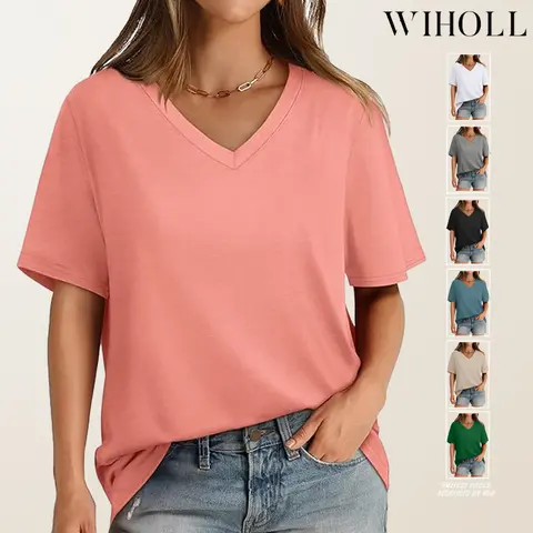 WIHOLL Womens T Shirts V Neck Short Sleeve Casual Loose Tees Tops 2025 Trending Now #Springtok