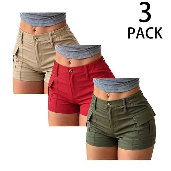 Set of 3–1: Multiple options available. Women’s high-waisted mini cargo shorts—elastic waistband, multiple pockets, button closure, cash pocket; comfortable for summer wear and suitable for everyday and outdoor activities. Summerwins, button shorts.Pre-or