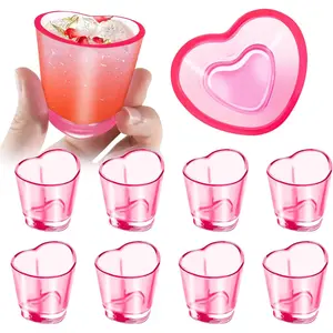10PCS 1.5oz Pink Shot Glass Set, Cute Heart-Shaped Reusable Plastic Cups, Plastic Goblets, Valentine's Day Mini Tasting Glasses For Whiskey, Tequila, Vodka & Spirits