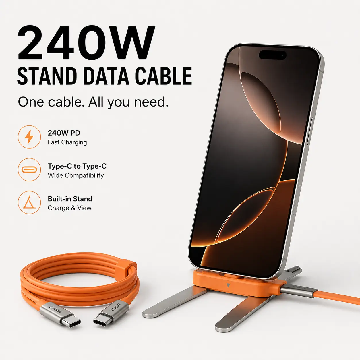 240W Liquid Silicone Stand-Mount USB Type-C to Type-C Fast Charging Data Cable for Smartphone - Hands-Free for Binge-Watching, Travel