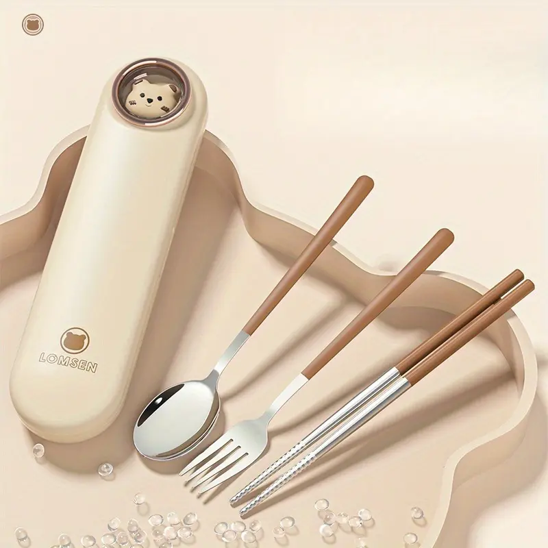 Stainless steel portable cutlery set with storage box, cartoon pattern, suitable for picnics, camping and daily use, outdoor cookware, camping cutlery