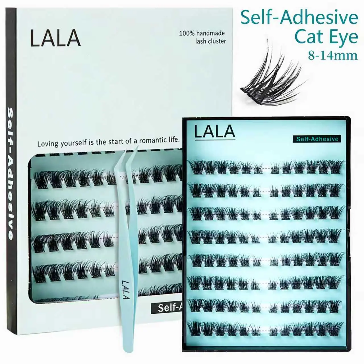 【CAT EYE】  LALA DIY Eyelashes Self Adhesive Lash Clusters Pre glued Eyelash Clusters No Glue Needed Lashes Wispy C-curly Cluster Eyelash extensions 8-14mm  pre-mapped Individual Lashes Curler