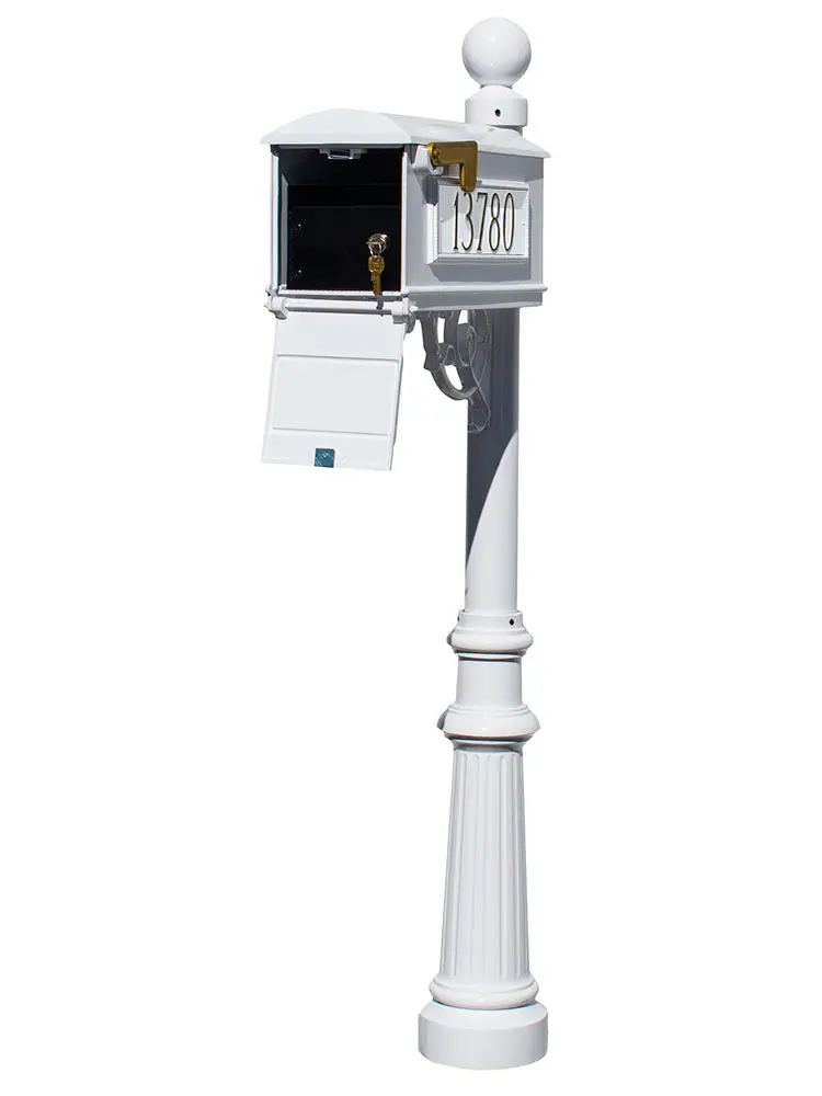 Lewiston Mailbox Locking Insert Post System with Fluted Base - Ball Finial & 3 Cast Plates - White