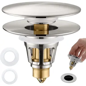 3-in-1 Universal Bathroom Sink Stopper - Brushed Nickel Pop Up Sink Drain Stopper, Brass Bounce Bullet Core Sink Stopper Replacement, Wash Basin Drain Filter Plug with Anti-Clogging Strainer