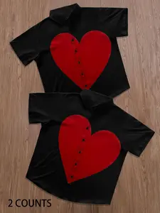 Men's Colorblock Heart Print Short Sleeve Button Front Collared Shirt, Casual Fitted Shirt, Regular Fit Casual Button Top for Summer, Men's Clothes for Daily Wear